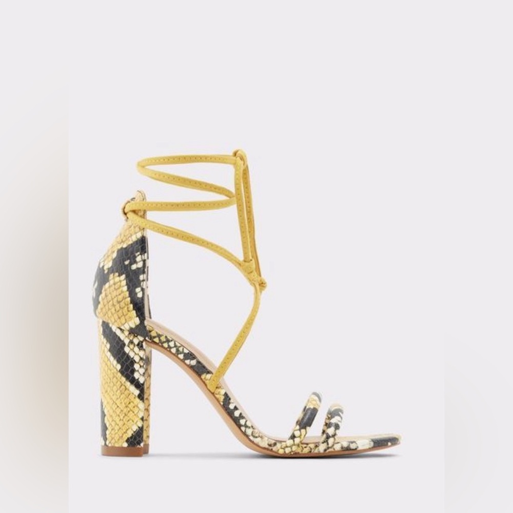 Aldo Yellow and Black Snake-Print Strappy Block Heel Sandals